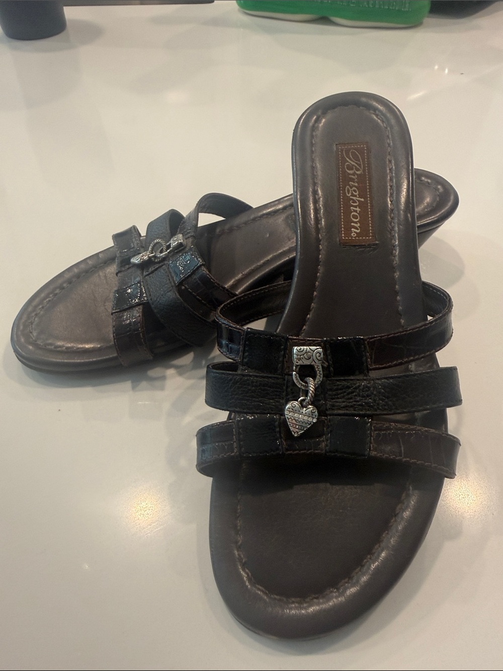 Brighton Black Leather Slide Sandals with Silver Heart Charm